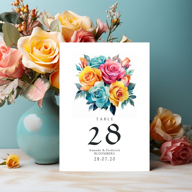 Numéro De Table Mariage floral turquoise, jaune et rose (Créateur téléchargé)