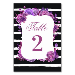 Numéro De Table Mariage floral violet et rose. Rayures noires