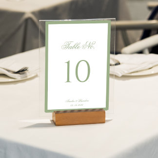 Numéro De Table Mariage Formel Classique Vert Sauge Bordure Script