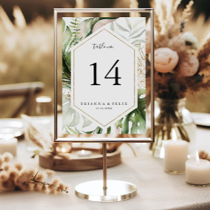 Numéro De Table Mariage géométrique Gold Tropical Greenery