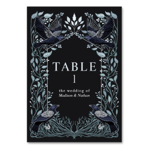 Numéro De Table Mariage gothique enchanté argent corbeau floral