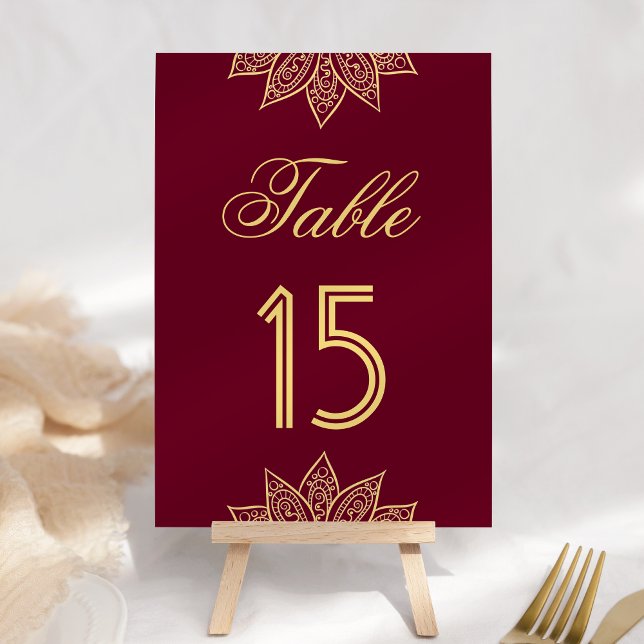 Numéro De Table Mariage indien Mehendi Burgundy Or (Créateur téléchargé)