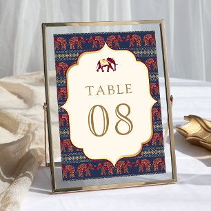 Numéro De Table Mariage indien Navy Blue Burgundy Gold Elephant