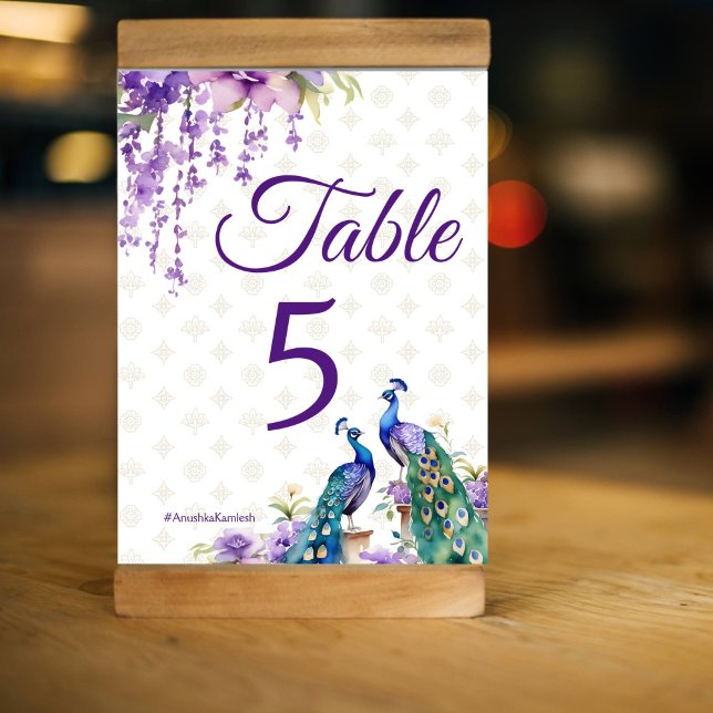 Numéro De Table Mariage indien violet de Peacock (Peacock purple wisteria  flowers Indian wedding Table Number card )