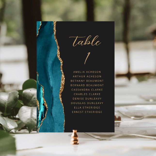 Numéro De Table Mariage Moderne Agate Bleu Sarcelle Or Script Somb (Créateur téléchargé)