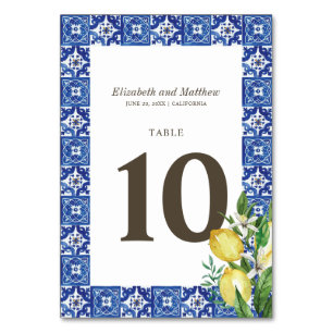Numéro De Table Mariage moderne citron feuillage bleu méditerranée