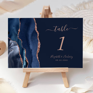 Numéro De Table Mariage Moderne Navy Blue Or Rose Agate