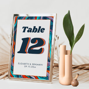 Numéro De Table Mariage Moderne Rétro Groovy Orange Brûlé Bleu