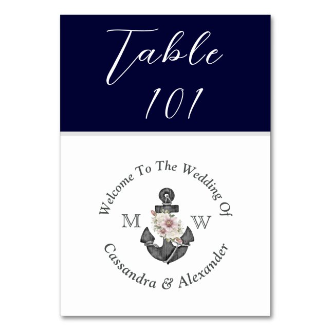 Numéro De Table Mariage nautique Bleu Blanc Floral Ancre (Par défaut)