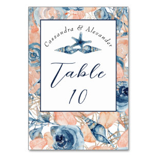 Numéro De Table Mariage nautique de plage de coquillages et Roses,