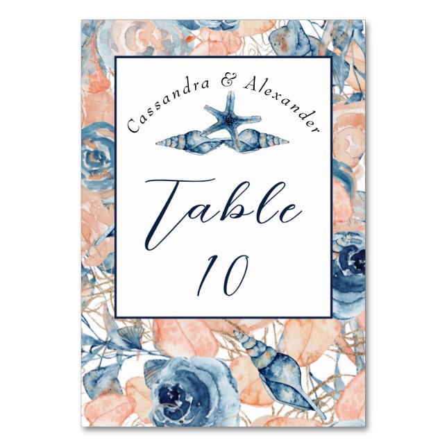 Numéro De Table Mariage nautique de plage de coquillages et Roses, (Par défaut)