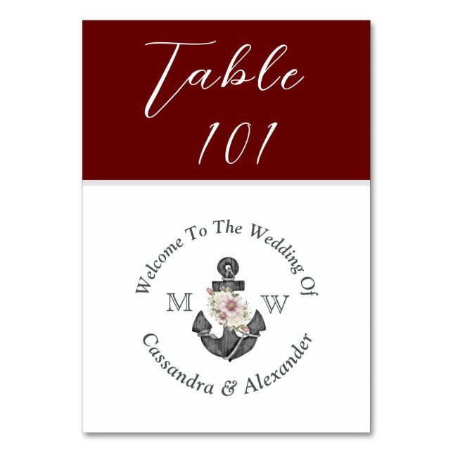 Numéro De Table Mariage nautique Maroon Red Floral Ancre (Par défaut)