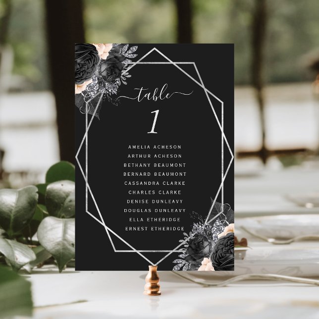 Numéro De Table Mariage noir à cadre géométrique en argent floral (Créateur téléchargé)