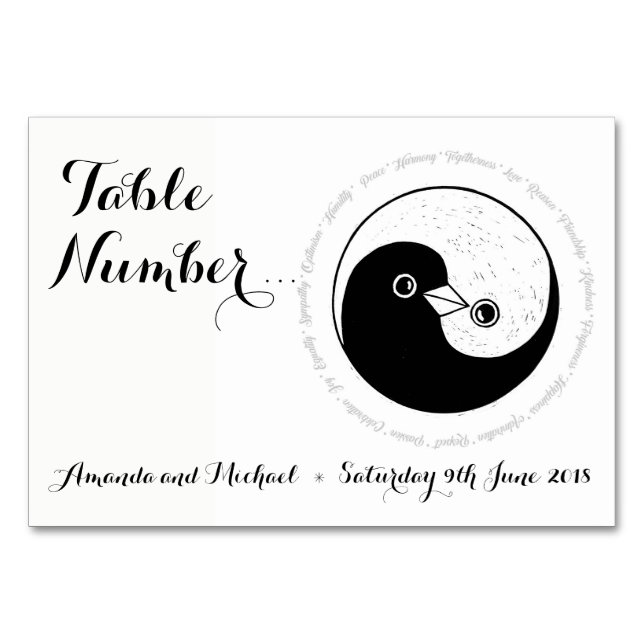 Numéro De Table MARIAGE NUMÉRO CARTE. b/w colombes YinYang (Devant)