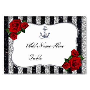 Numéro De Table Mariage Rayures Noir Argent Ancre Nautique