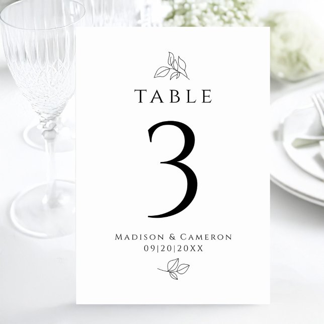 Numéro De Table Mariage sur mesure feuilles noires et blanches élé (Custom Wedding Black White Leaves Foliage Elegant Table Number)