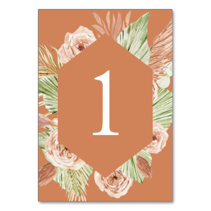 Numéro De Table Mariage terracotta floral Boho, palmier et pampas 