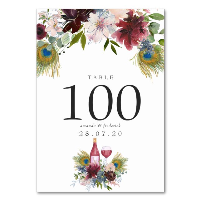 Numéro De Table Mariage Thème Vin de Bourgogne et Paon Marine (Par défaut)