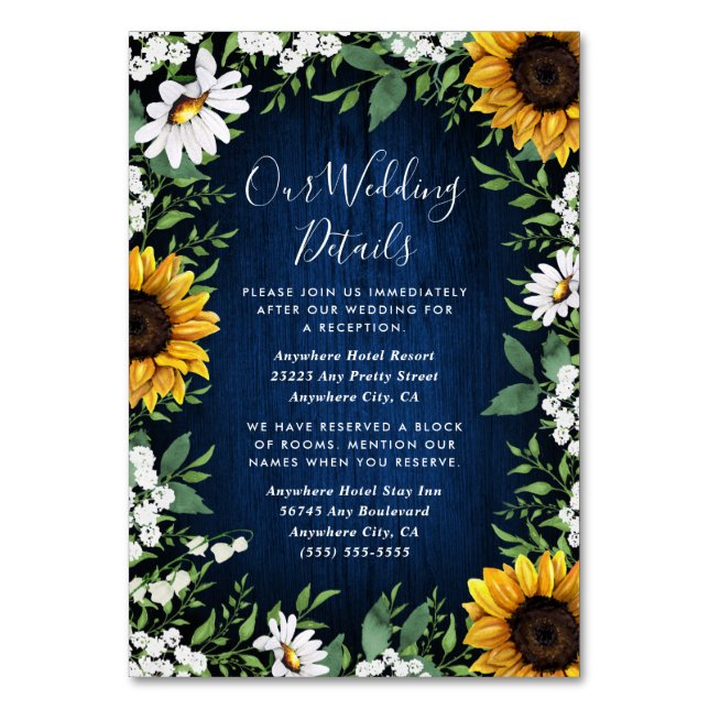 Numéro De Table Marine Bleu Tournesol Rustique Mariage Insertion C (Par défaut)