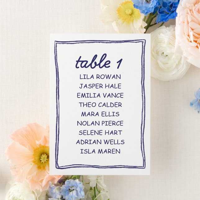 Numéro De Table Modern Blue Doodle Wedding Seating Chart Card (Créateur téléchargé)