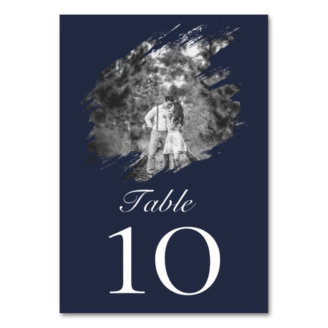 Numéro De Table Modern Brushstroke Photo Wedding | Navy Blue (Par défaut)