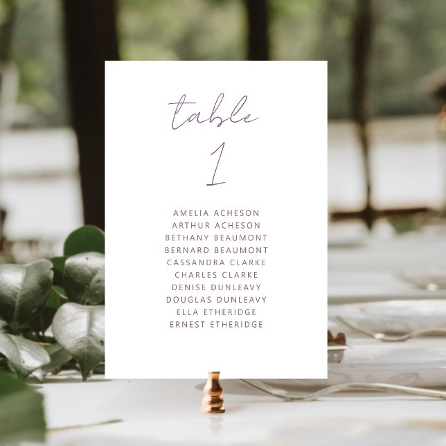 Numéro De Table Modern Minimal Mauve Script Wedding (Créateur téléchargé)