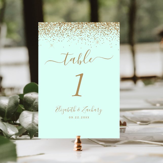 Numéro De Table Modern Mint Green Gold Glitter Edge Wedding (Créateur téléchargé)