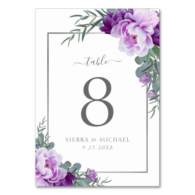 Numéro De Table Moderne Elégant Floral Purple & Mariage Argent (Par défaut)