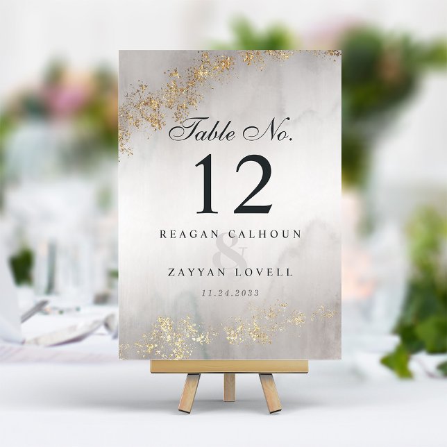 Numéro De Table Moderne Luxe Gold Flecks Gris Aquarelle Mariage Ta (Créateur téléchargé)