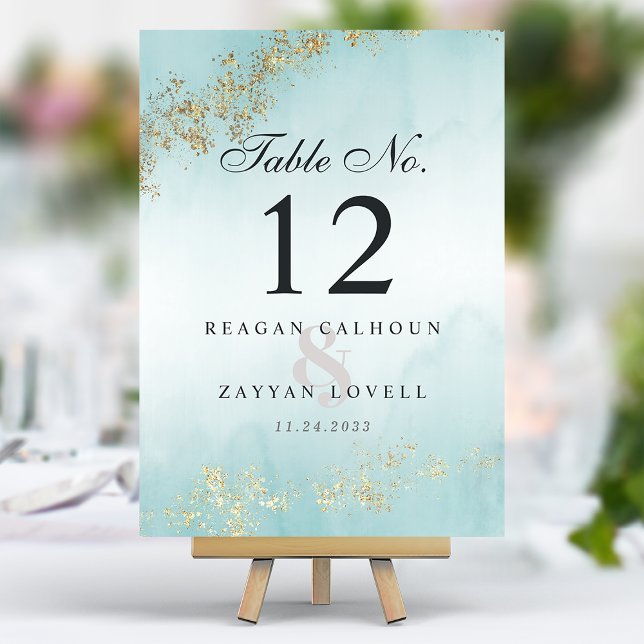 Numéro De Table Moderne Luxe Gold Flecks Turquoise Mist Mariage (Créateur téléchargé)