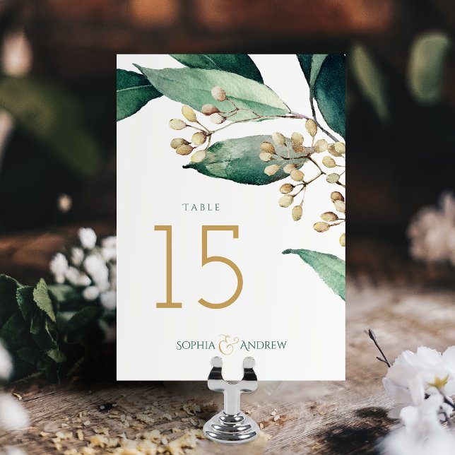 Numéro De Table Moderne peint botanique verdure mariage rustique (Modern painted botanical greenery rustic wedding table number card)