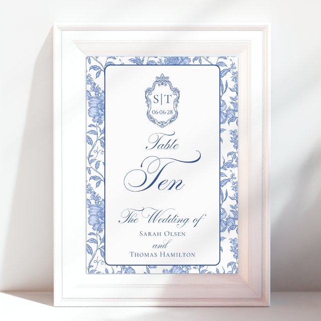 Numéro De Table Monogramme de blason bleu floral script TEN (Créateur téléchargé)