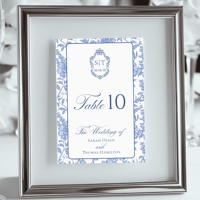 Numéro De Table Monogramme de blason Delft Bleu Floral Script (Créateur téléchargé)