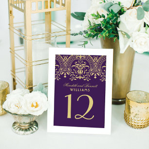 Numéro De Table Monogramme de mariage vintage glamour or et violet