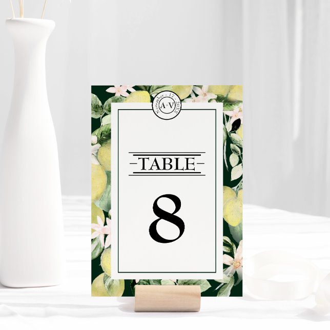 Numéro De Table Monogramme floral citron vert émeraude Mariage (Créateur téléchargé)