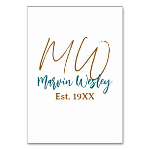 Numéro De Table Monogramme marron bleu turquoise année simple mini