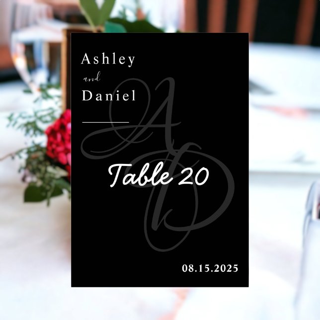 Numéro De Table Monogramme noir et blanc minimal Mariage élégant (Créateur téléchargé)