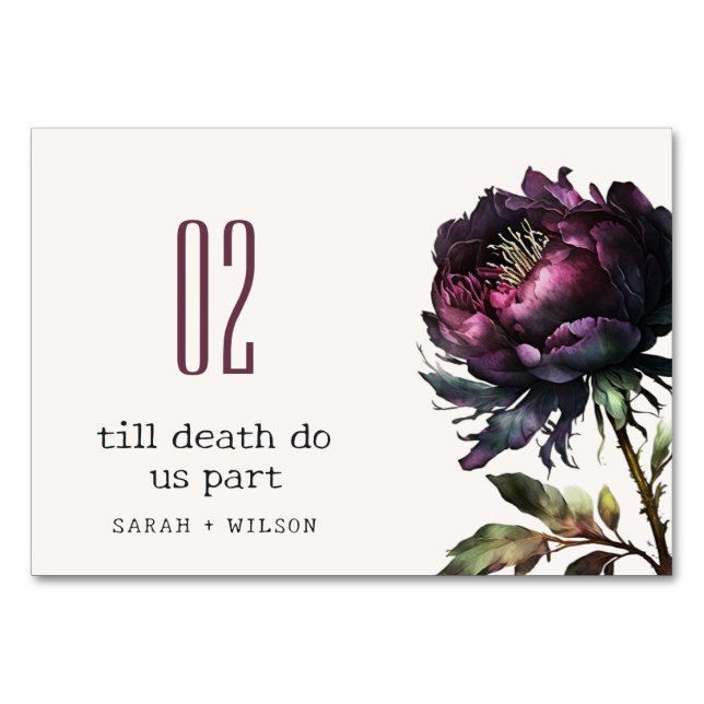 Numéro De Table Moody Gothic violet foncé Mariage de pivoine noire (Devant)