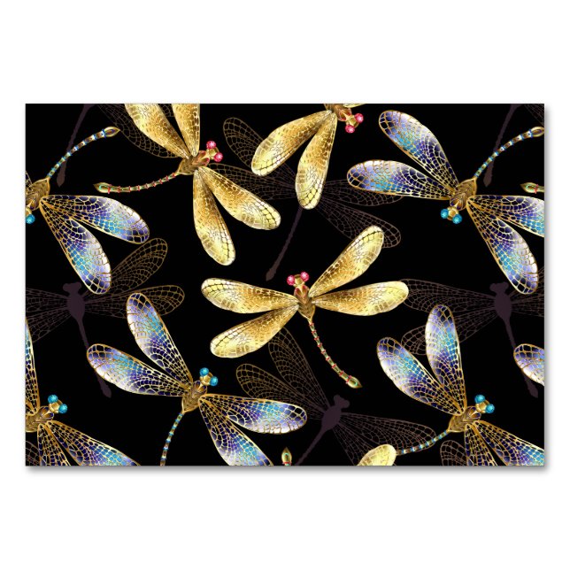 Numéro De Table Motif sans couture avec libellules d'or (Devant)