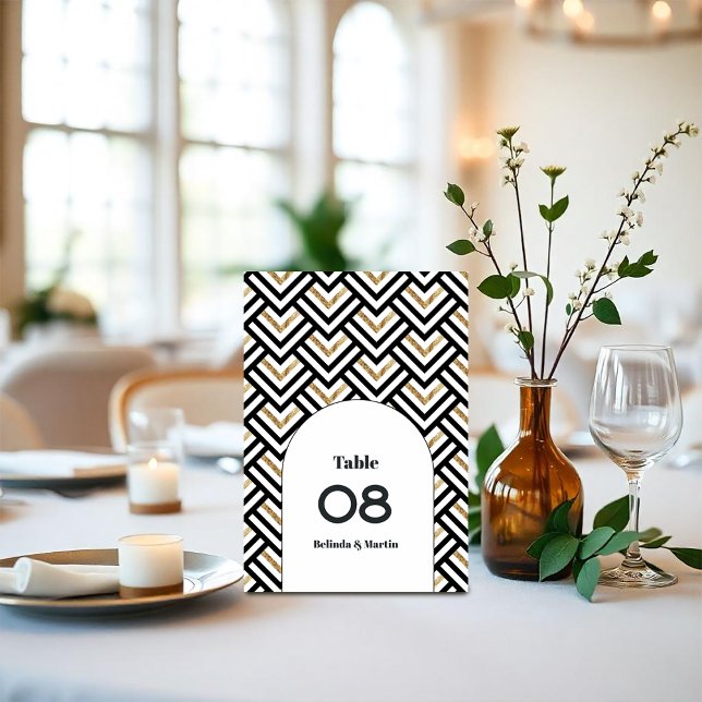 Numéro De Table Noir et or géométrique moderne (Modern Geometric Black and Gold Table Number)