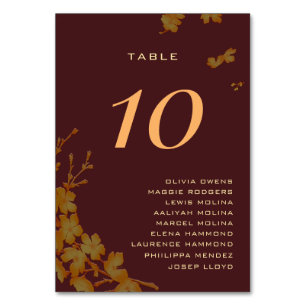 Numéro De Table Noms de invités floraux de Bourgogne et or élégant