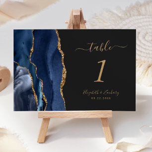 Numéro De Table Nuit de noces bleu marine Agate dorée