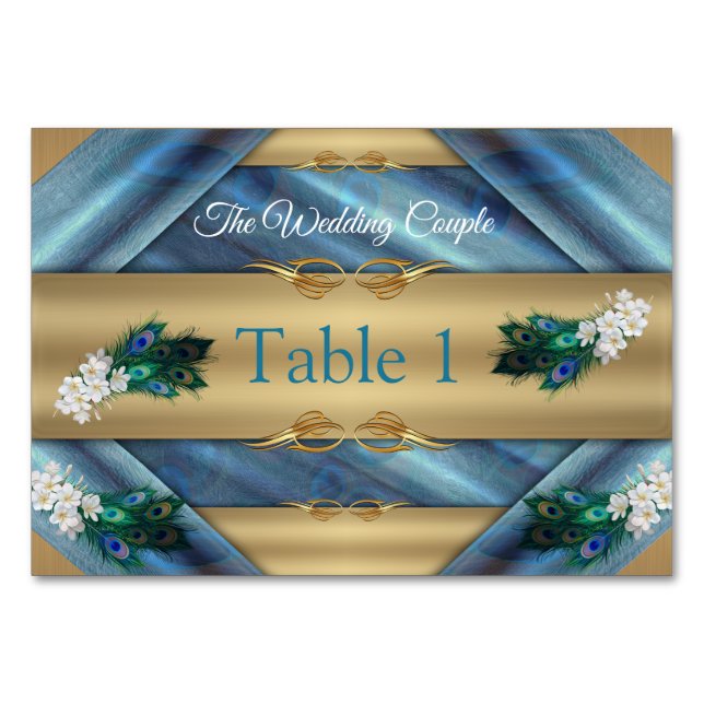 Numéro De Table Or, plumes de paon sur soie vert émeraude (Devant)