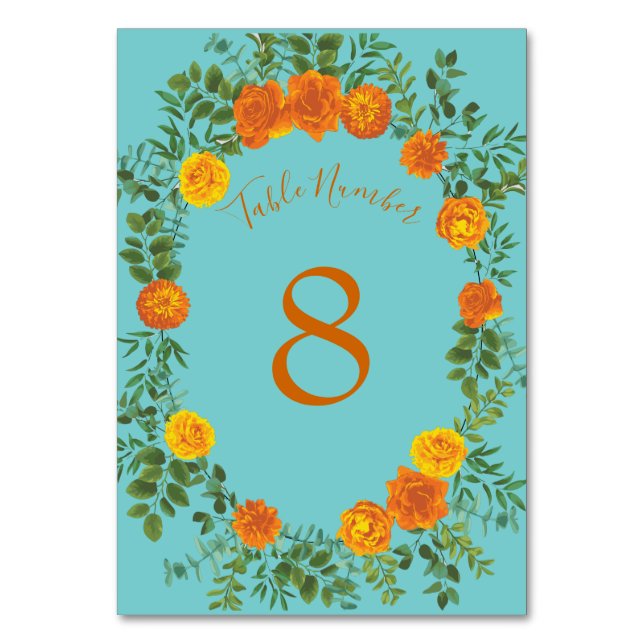 Numéro De Table Orange & Turquoise Aqua Peony & Rose Floral Mariag (Dos)