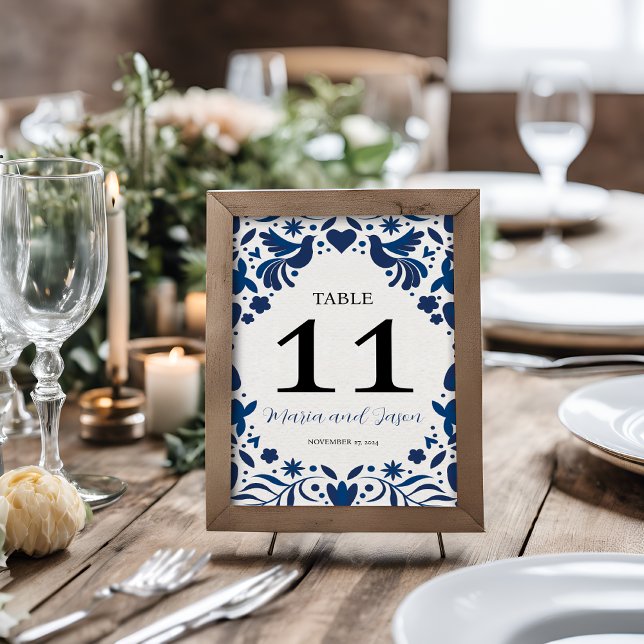 Numéro De Table Otomi Mexicain Bleu Floral Élégant Mariage Fiesta (Mexican Otomi Blue Floral Elegant Fiesta Wedding Table Number)