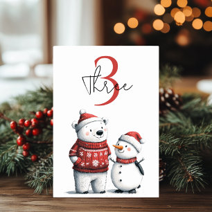 Numéro De Table Ours d'hiver rouge et neige   Winter Wonderland