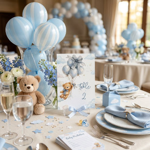 Numéro De Table Ours en peluche Bleu aquarelle Ballon Nuages Petit