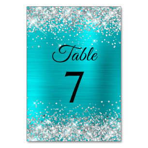 Numéro De Table Paillettes Argentées Turquoise Bleu Feuille Élégan