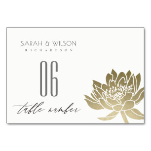NUMÉRO DE TABLE PÂLE GLAMOREUSE OR BLANC LOTUS TABLE FLORALE