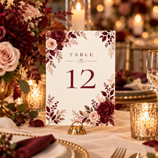 Numéro De Table Panneau de mariage floral Burgundy Blush